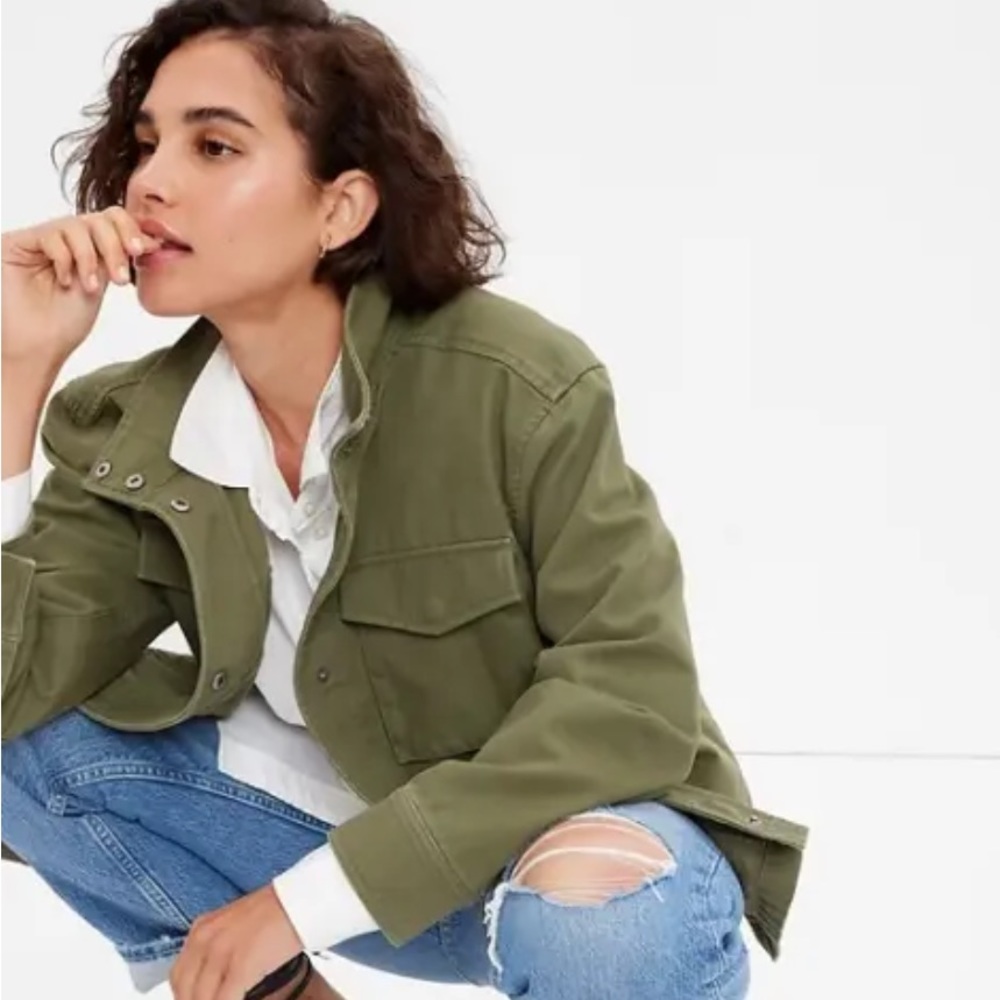 Gap Women's Utility Jacket 100% Cotton Cinched Waist Pockets Olive Green PXS